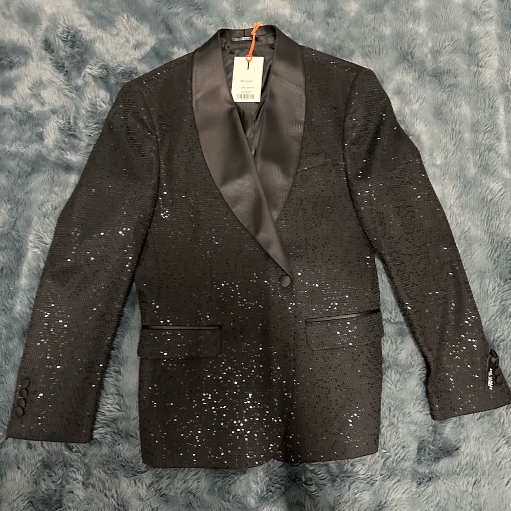 Black Sequin Shawl Collar Blazer - Designer